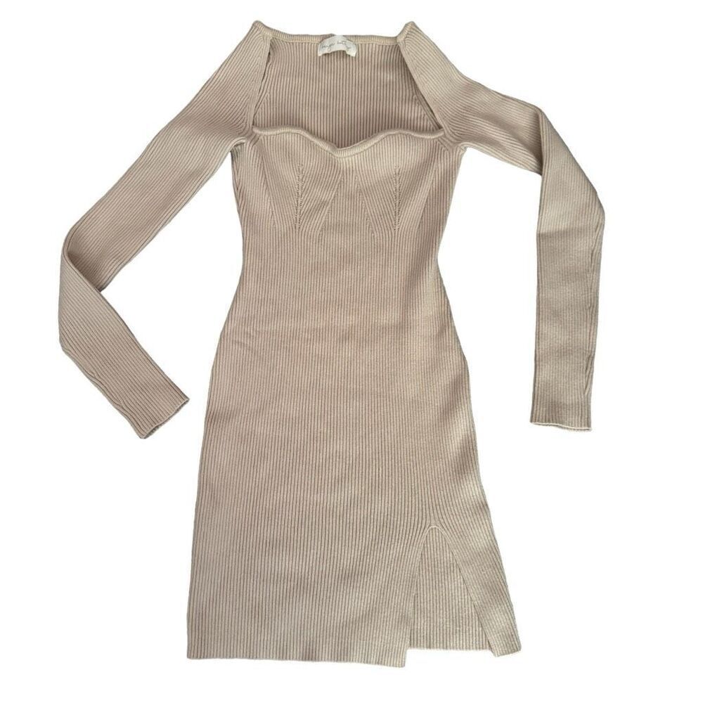 Beige Botany Ribbed Bodycon Dress Square Neck See Measurements Tan